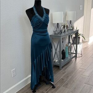 City Triangles Teal Halter High-Low Dress with Beaded Neckline